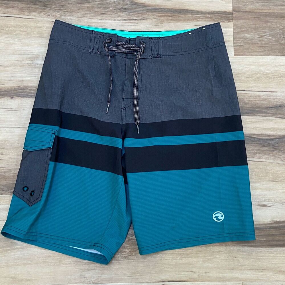 Ocean Current Board Shorts Mens 30 Teal Gray Cargo Drawstring Swim Trunks 11"